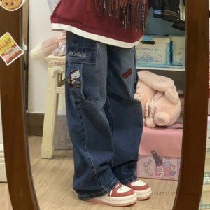 Hello Kitty Straight leg baggy, Y2K streetwear jeans with custom embroidery